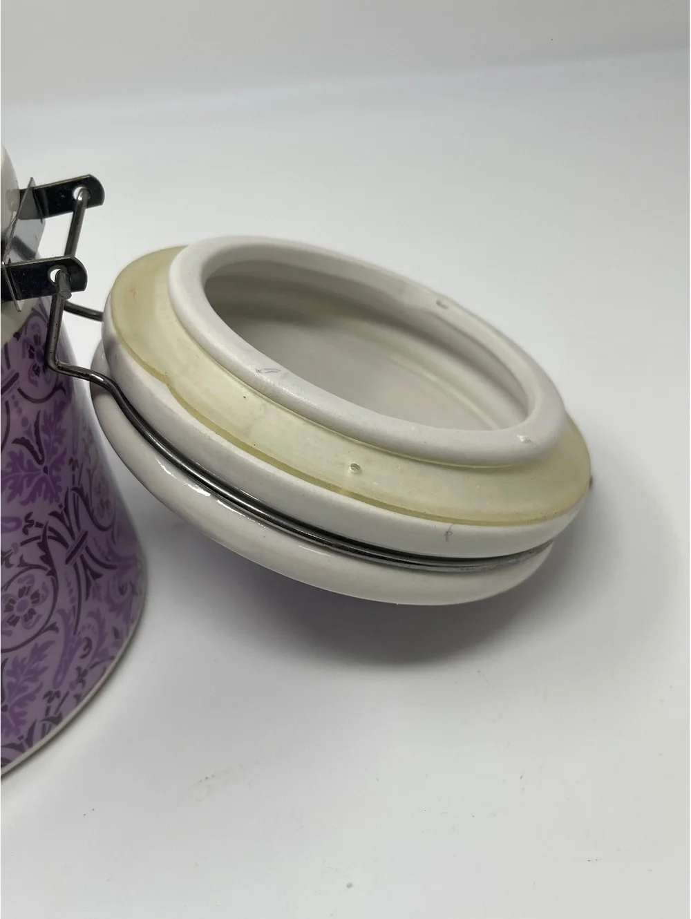 Vintage Purple Floral Ceramic Jar Canister Storage Container Wire Metal Clamp